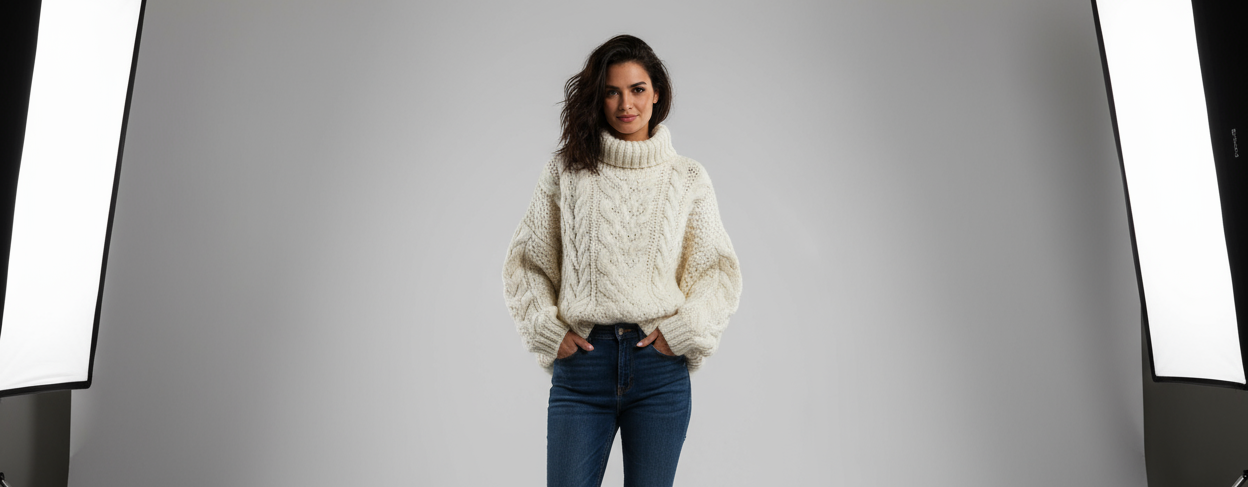 woman model wearing knitwear sweater, light grey background photo studio